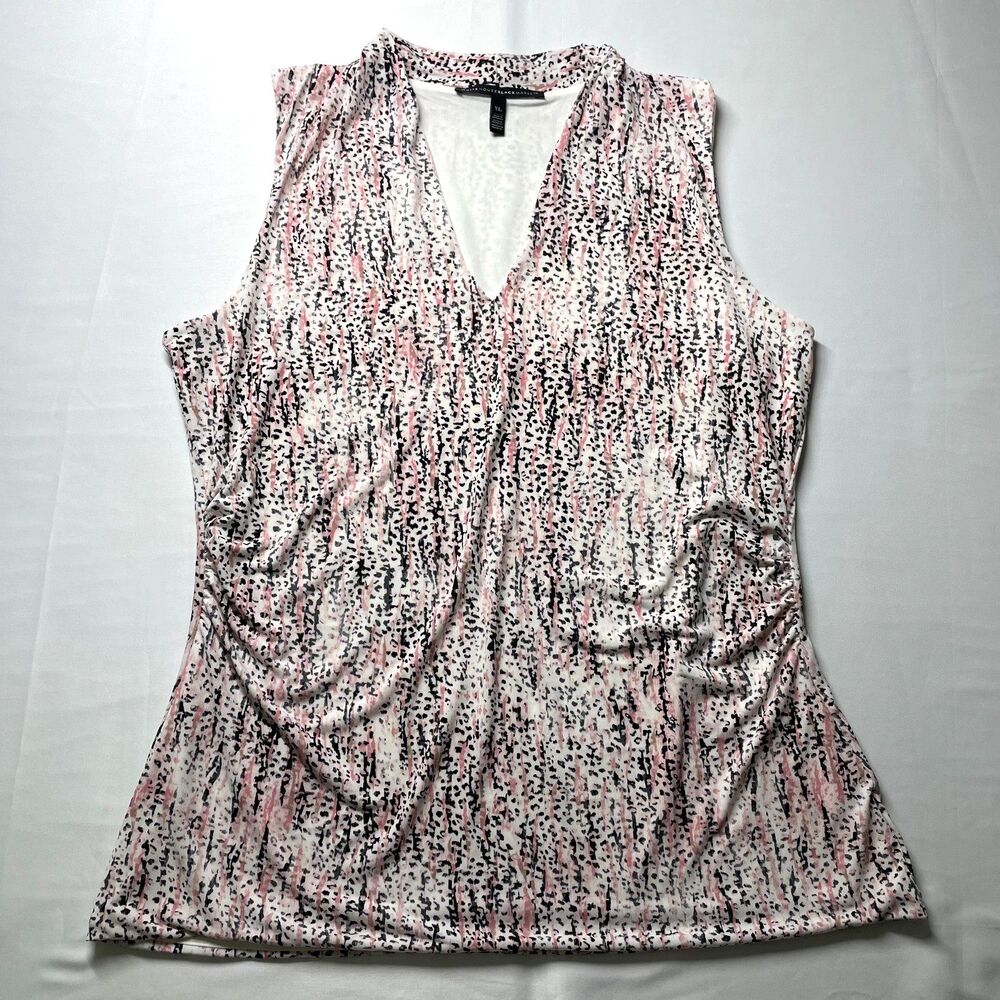 White House Black Market Top Womens XL Pink Animal Print V Neck Ruched Sleeveles